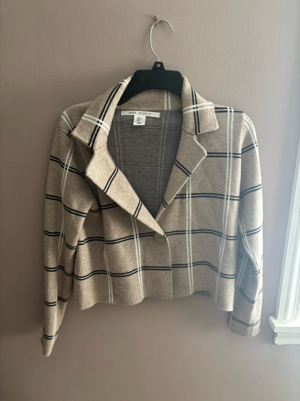Taupe Plaid Knit Cropped Cardigan Blazer
